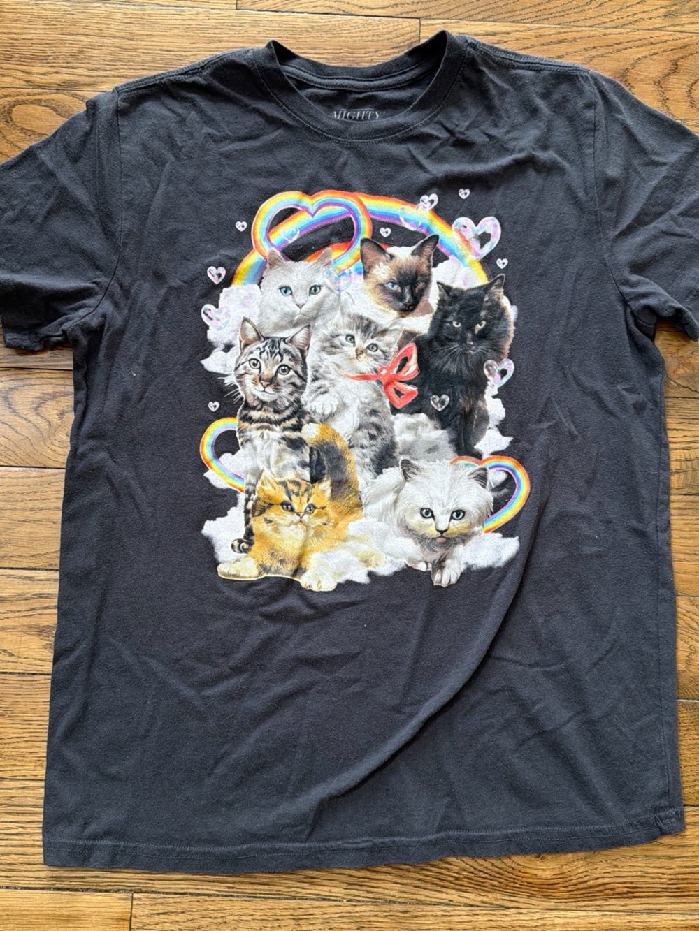 Mighty Fine Black Tee with Rainbow Heart Multi-Kitten Graphic